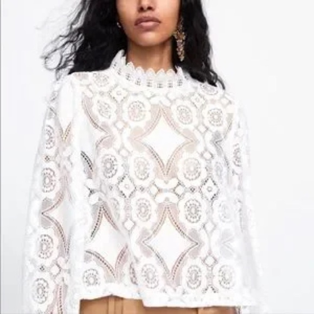 Zara lace embroidery mock neck top